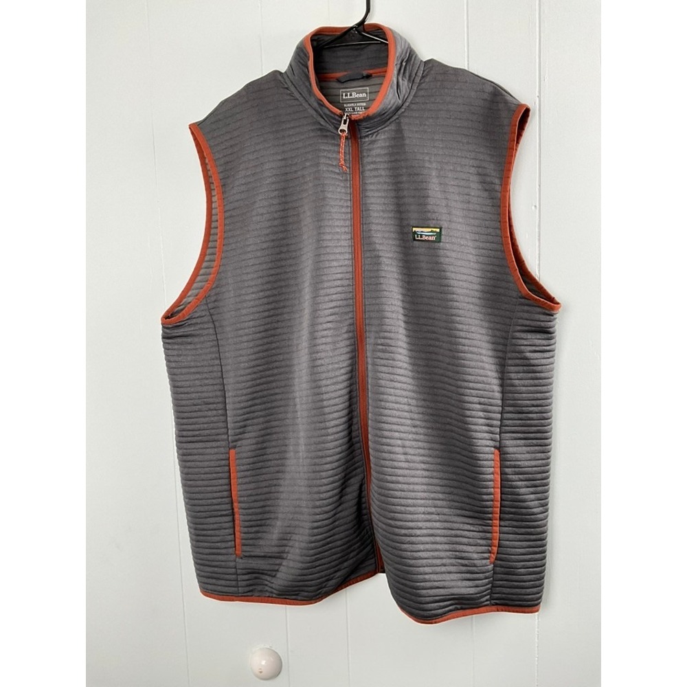 LL Bean Mens XXL Tall Gray Ribbed Full Zip Fleece Vest Orange Trim 518735